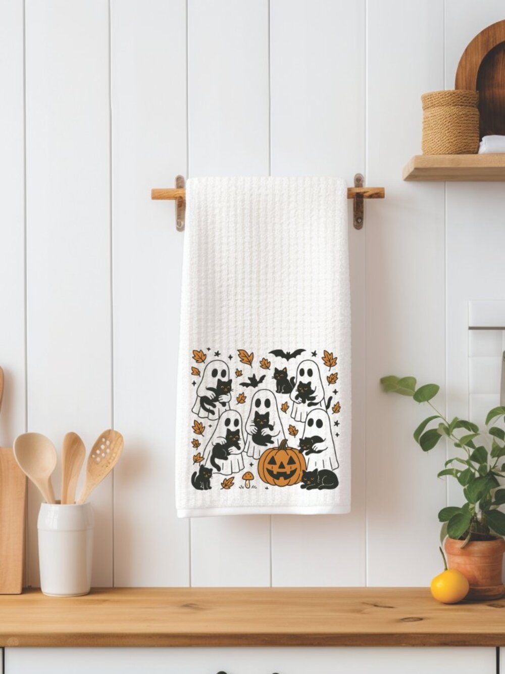 Adorable Ghosts With Cats Halloween Decorative Kitchen Tea Towel